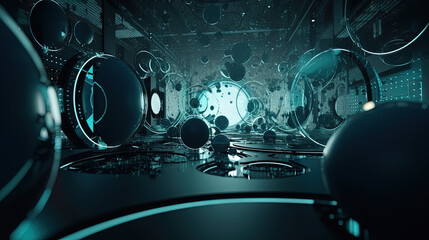 Technology abstract background with hud styled round interface elements in neon tech light.