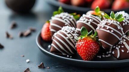 A tantalizing image featuring vividly red strawberries, half-dipped in rich brown chocolate, artistically drizzled with fine white chocolate accents on a black plate.