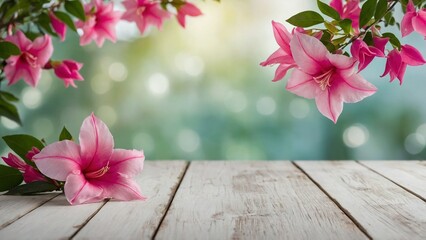 Pink flowers on rustic wood board mockup surface with sunlight bokeh background