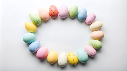 Obraz premium Pastel-Colored Eggs in Circular Flat Lay on White with Central Copy Space. Perfect for: Easter, Minimalist designs, Family gatherings