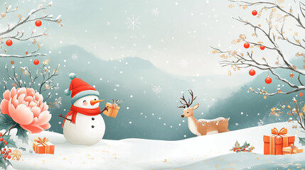snowman child is playing in the snow with a reindeer, along with gifts, cartoon style Chinese landscape theme, peonies, gold-themed generative AI