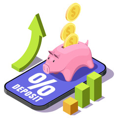 Isometric illustration of a piggy bank with emerging coins. The concept of an interest-bearing deposit