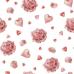 Fototapeta premium Valentine's Day seamless pattern with red roses and hearts. Digital seamless backgound. Watercolor roses. Digital Paper.