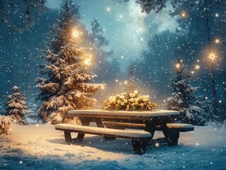 Obraz premium Merry christmas and happy new year greeting background with table .Winter landscape with fir trees