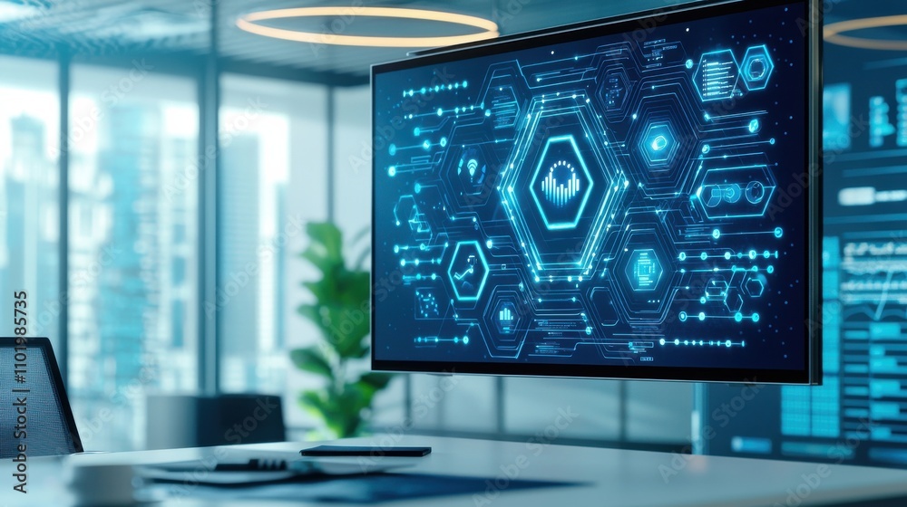 Poster a computer monitor with a blue screen showing a complex design