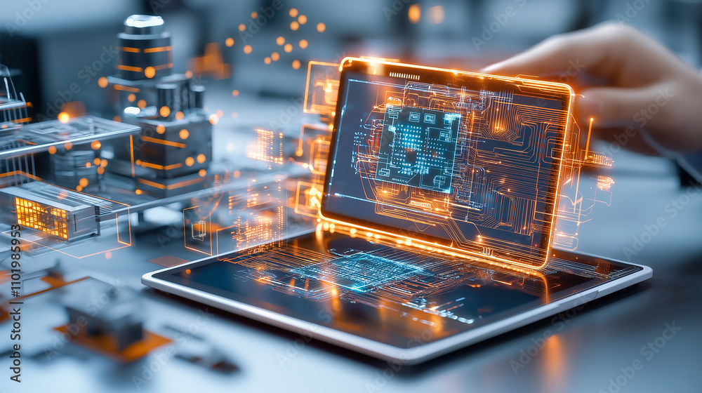 Poster advanced tablet technology showcasing digital circuits and data flow