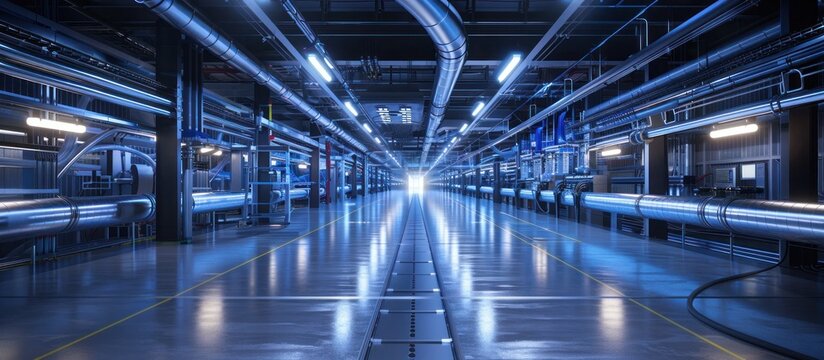 Vast futuristic industrial interior with symmetrical pipework metal equipment and strategic lighting creating a clean modern and technologically advanced environment