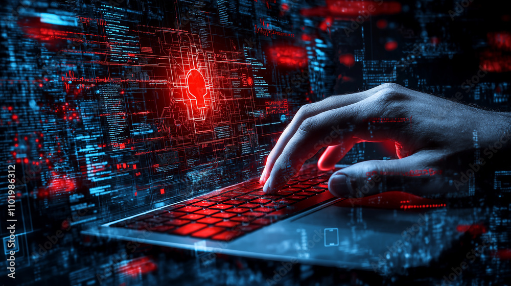 Aufkleber hacker hand typing on keyboard, surrounded by digital data