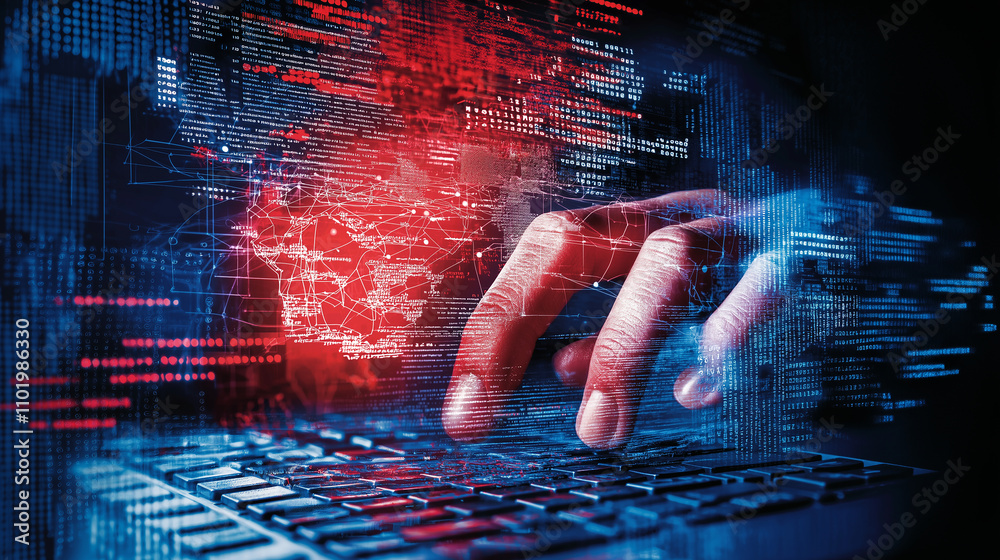 Poster hacker hand typing on keyboard, surrounded by digital data