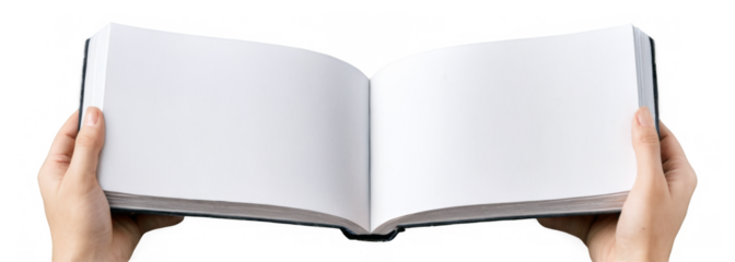 Hands holding blank open book on transparent background in 3D rendering