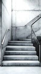 Fototapeta premium A modern concrete staircase with stainless steel railings in a minimalistic setting.