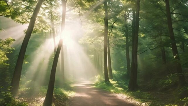  Serene Misty Forest with Sunbeams 4K video , sun rays in the forest hd video