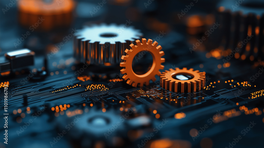 Aufkleber close up of interconnected gears and circuits, showcasing technology