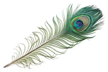Close-up of a single green peafowl feather with intricate patterns and iridescent sheen, macro photography, birds, plumage, wildlife