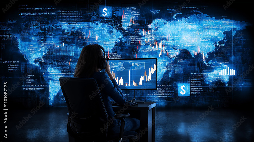 Poster Cybersecurity analyst monitoring data on screen with graphs and maps