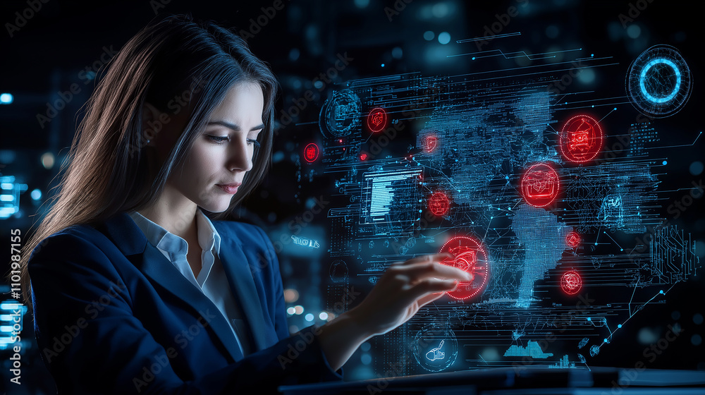 Poster Cybersecurity analyst interacting with digital interface and data visualization