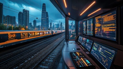 Train control center overlooking a city at night.