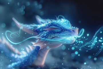 Naklejka premium Majestic blue dragon exhaling mist in a mystical realm filled with enchanting sparkles and ethereal light