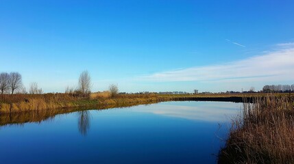 Calm river reflecting blue sky, autumnal vegetation on banks.