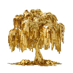 A golden tree with a golden trunk and gold coins instead of leaves, isolated on a white background. A symbol of success, wealth and financial prosperity.