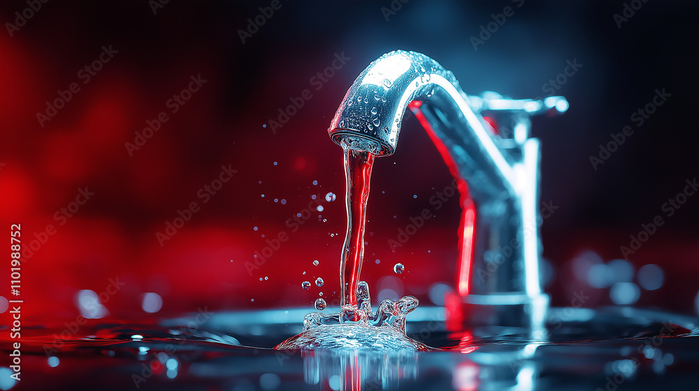Poster melancholic scene of faucet dripping into shallow pool