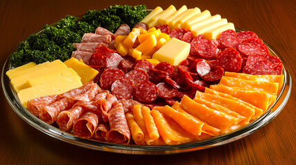 A party platter featuring an assortment of sliced meats and cheeses, arranged in a traditional style