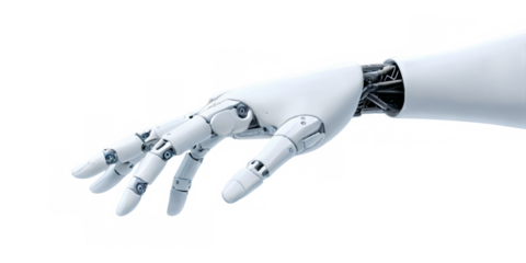 Robotic hand in white metal with claw-like grip and pointed tip, reaching out on transparent background in 3D rendering.