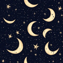 Naklejka premium Celestial Night Sky Pattern with Moons and Stars