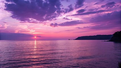 Obraz premium Deep purple hues blend with pastel pink shades as the sun sets over a calm sea, soft focus, natural light, sunset, surface, purple