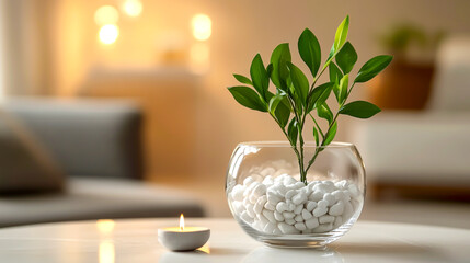 A small plant in a glass vase filled with white rocks, set on a table as a decorative piece