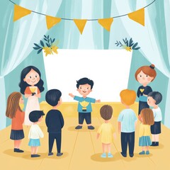 Childcompetition, award ceremony scene and space for text, flat design illustration