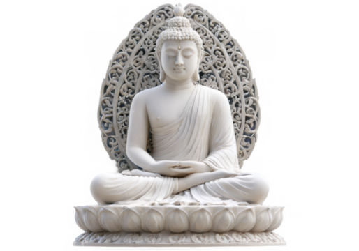 White Marble Buddha Statue in Lotus Pose with Serene Expression on transparent background, 3D Rendering with Detailed Design