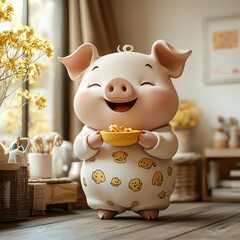 Happy Piglet: A sweet and adorable 3D render of a happy piglet in pajamas, holding a bowl of popcorn. This image evokes feelings of joy and warmth, perfect for children's books, social media.