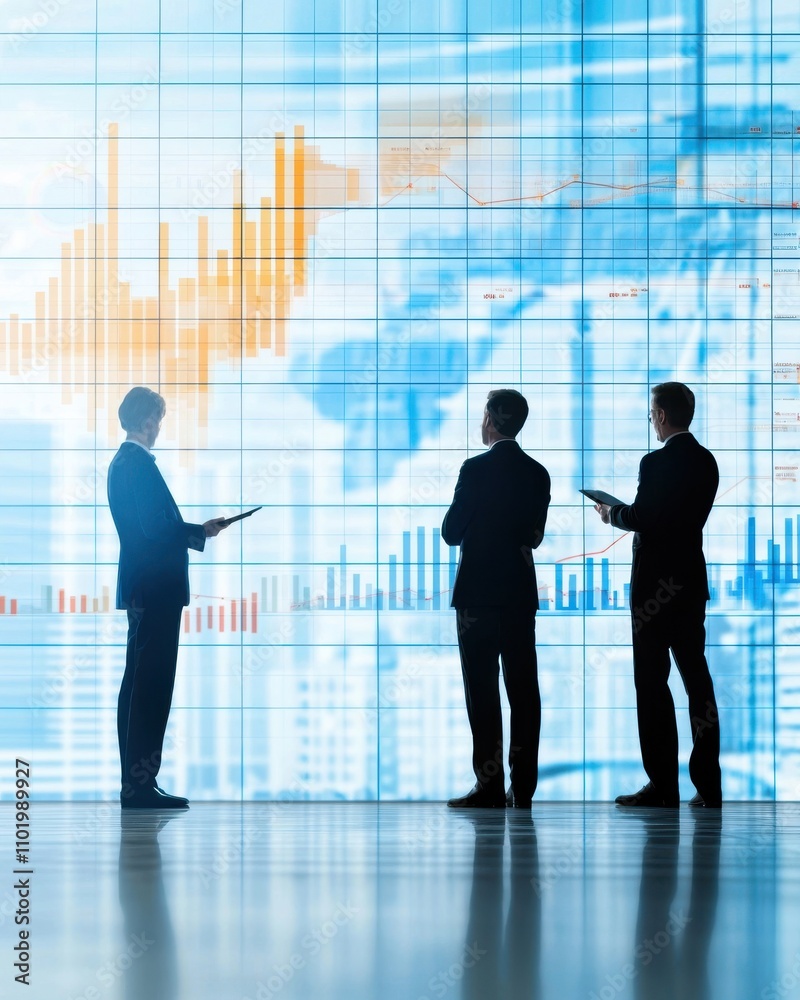 Poster three men are standing in front of a large screen with graphs and numbers