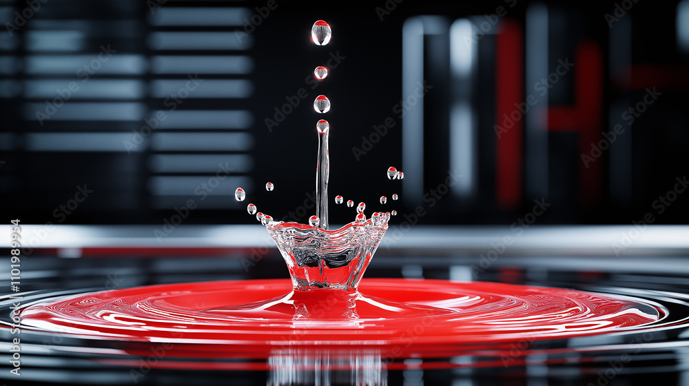 Poster vintage style shot of single droplet falling from above, creating ripples in red water