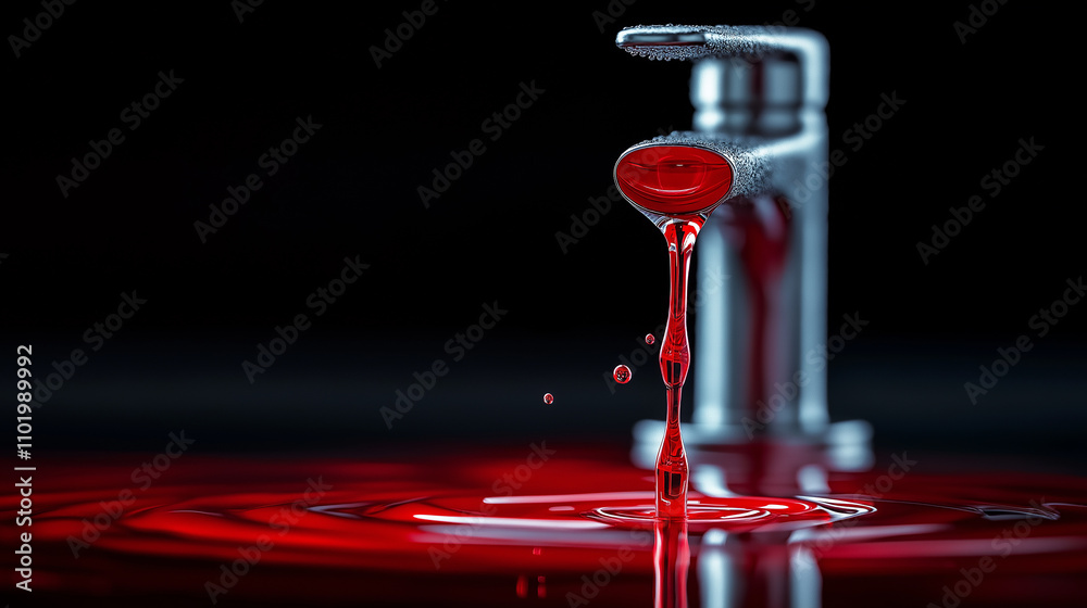 Aufkleber striking image of faucet dripping red liquid, creating ripples