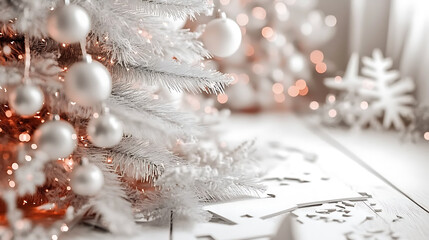 white christmas tree with snow and ornaments background 