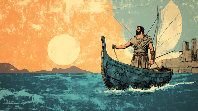 Odysseus old greek hero on his odyssey with his ship, anicent greek mythology illustration