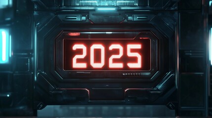 Man looks glowing number "2025" in sign,futuristic city street,New Year concept,copy space,banner.