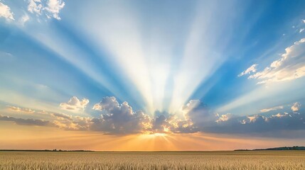 Dramatic sunset over golden wheat field with crepuscular rays.