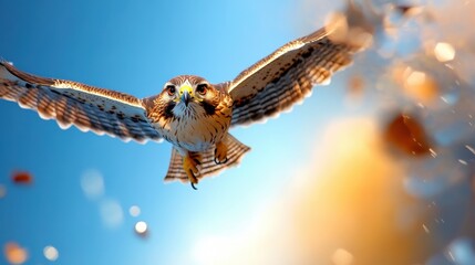 In a clear blue sky, a determined hawk aggressively pursues its target, its sharp eyes locked onto the prize in a breathtaking display of focus and intention.