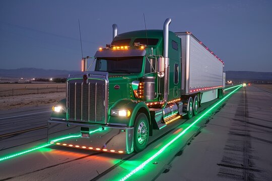 Custom green semi truck illuminated by LED lights on a deserted highway at dusk