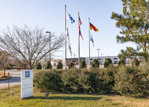NEWTON, NC, USA-24 NOV 2019: Manufacturing building and street sign for ZF Chassis Components, LLC.