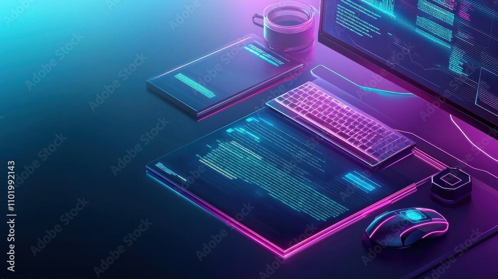 Poster a computer monitor with a keyboard and mouse on a desk