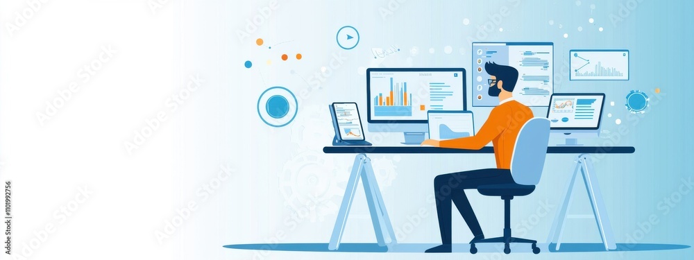 Poster a man is sitting at a desk with a computer monitor and a keyboard