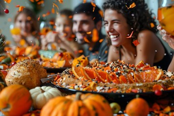 Gathering of friends enjoying a festive autumn celebration with a colorful spread of food and pumpkin decorations