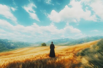Fototapeta premium A figure stands in a golden field under a vast blue sky, contemplating the serene landscape.