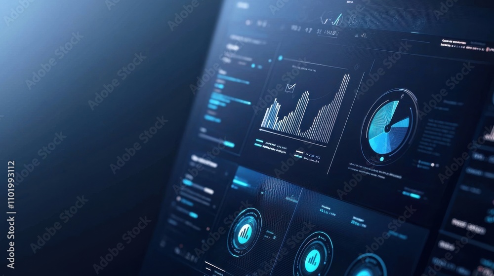 Poster a computer screen with a blue background and a number of graphs and pie charts