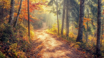 Fototapeta premium Misty autumn forest path.