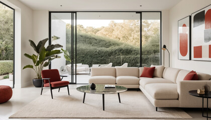 Fototapeta premium Japandi Minimalist Interior Design with Art Frame and Stylish Sofa in Modern Living Room.